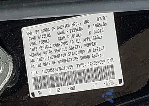 2007 Honda Accord 2.4 Se z USA, uszkodzony, nr VIN 1HGCM56347A210655